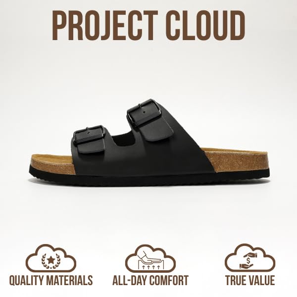 Project Cloud Genuine Leather Mens Sandals with Memory Foam Natural Cork Footbed Slides for Men Footwear - Non-Slip Double-Strap Buckle Summer Sandals (Arizona,BLKMAT,8) - Image 3