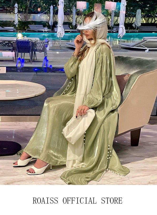 roaiss Two Piece Set Ladies Silk Dress Shiny Silk Satin Solid Color Belt Belt Muslim Maxi Dress  - Image 3