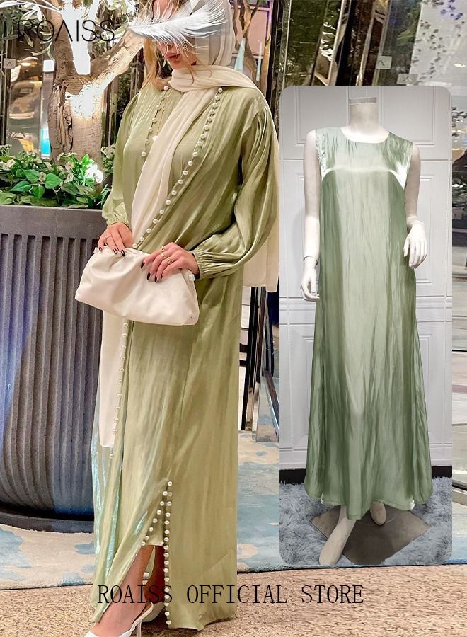 roaiss Two Piece Set Ladies Silk Dress Shiny Silk Satin Solid Color Belt Belt Muslim Maxi Dress  - Image 2