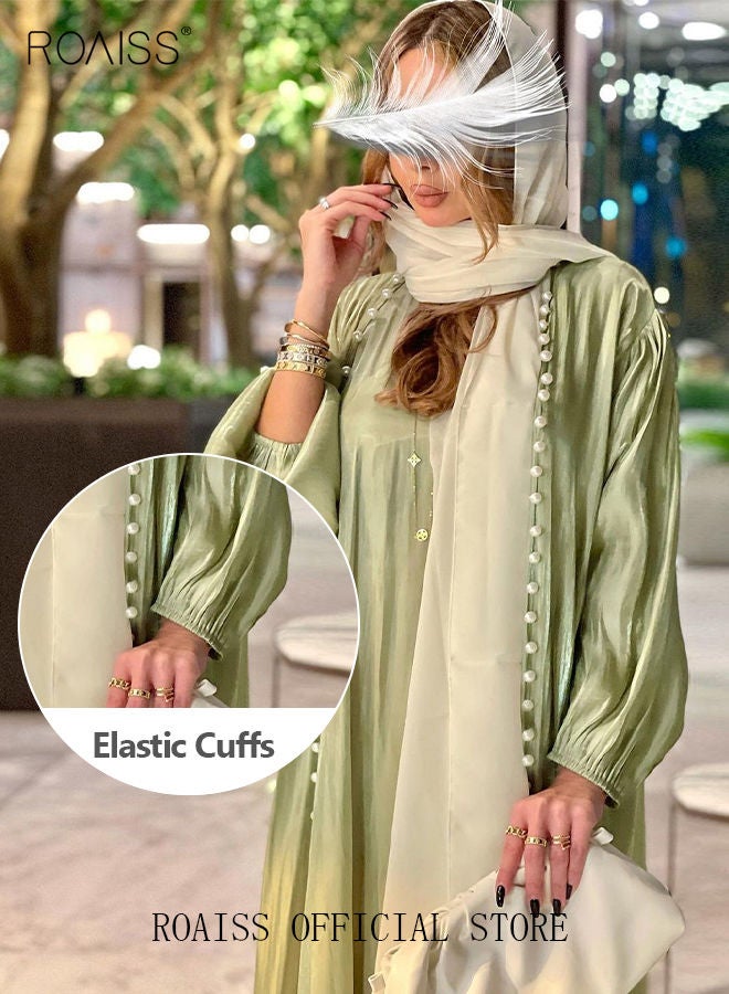roaiss Two Piece Set Ladies Silk Dress Shiny Silk Satin Solid Color Belt Belt Muslim Maxi Dress  - Image 4