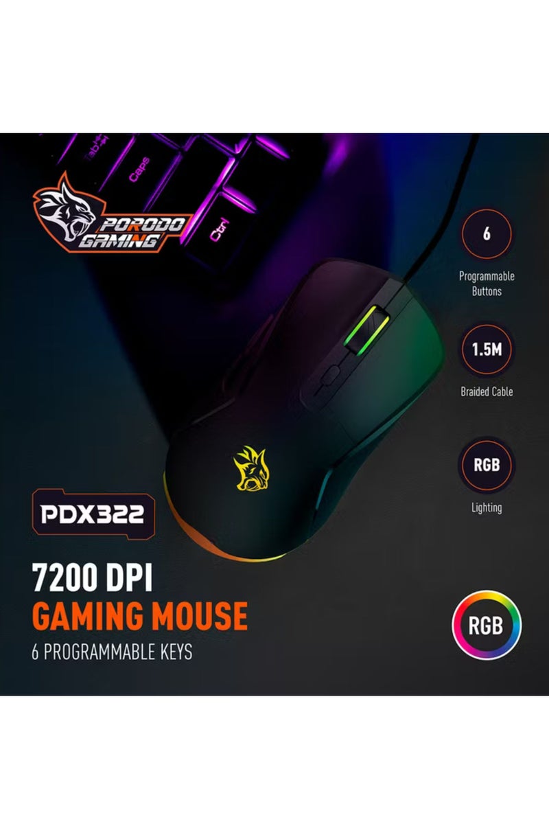 بورودو ماوس ألعاب سلكي مع إضاءة RGB، 7200 نقطة في البوصة، 3 ملايين نقرة، عمر افتراضي للمفتاح، 6 أزرار قابلة للبرمجة، كابل مضفر بطول 1.5 متر، معدل استطلاع 125 هرتز، شريحة 725F فورية - أسود - Image 5