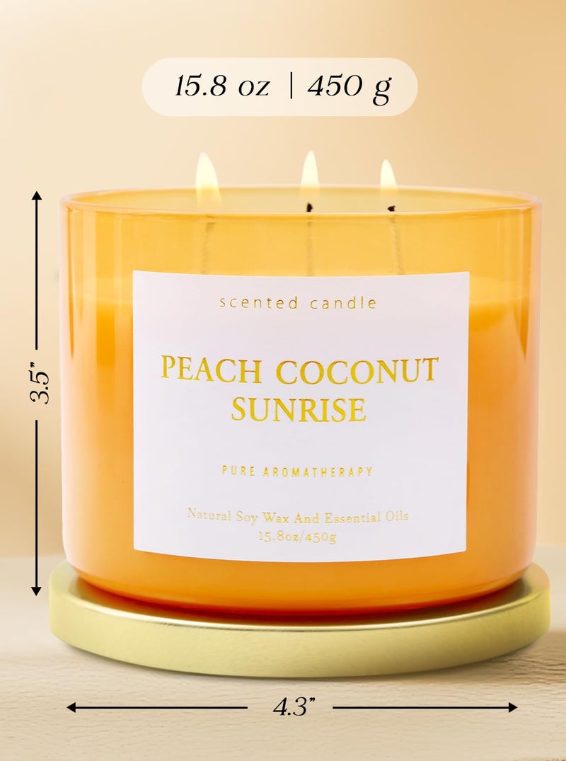 T&H Peach Coconut Sunrise 3 Wick Candle for Home Scented | 15.8 oz Large Soy Candle | Tropical Peach Coconut Candles Strong Scent Long Lasting | Aromatherapy Relaxation Candle | Gift for Women & Men - Image 4