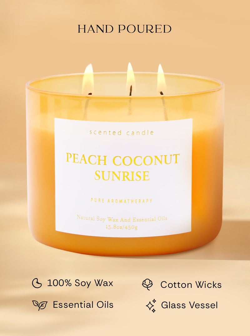 T&H Peach Coconut Sunrise 3 Wick Candle for Home Scented | 15.8 oz Large Soy Candle | Tropical Peach Coconut Candles Strong Scent Long Lasting | Aromatherapy Relaxation Candle | Gift for Women & Men - Image 5
