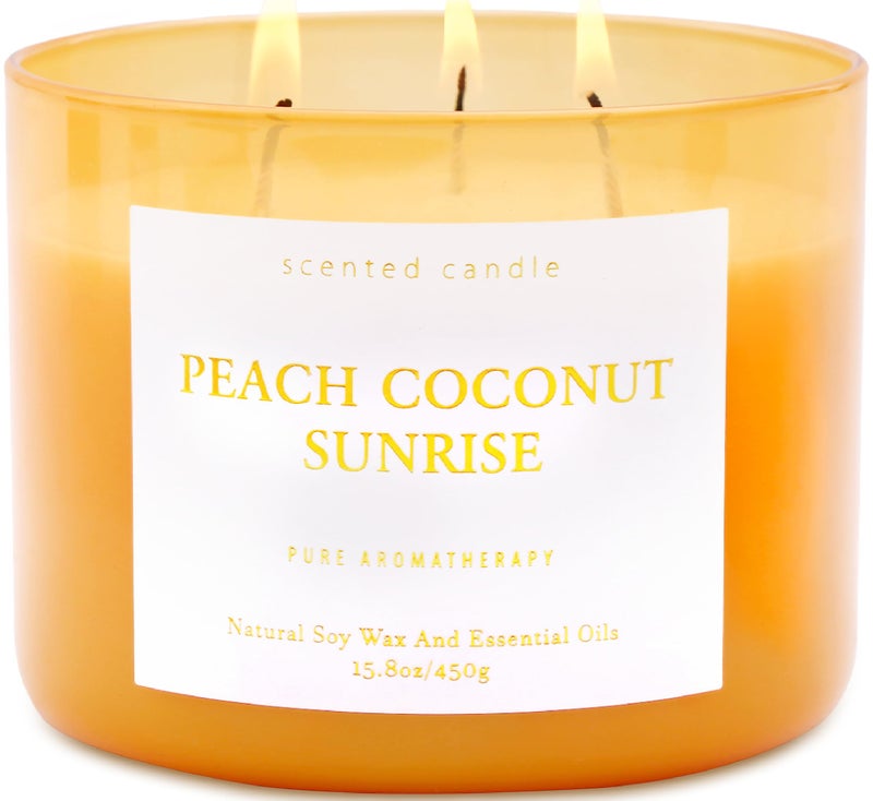 T&H Peach Coconut Sunrise 3 Wick Candle for Home Scented | 15.8 oz Large Soy Candle | Tropical Peach Coconut Candles Strong Scent Long Lasting | Aromatherapy Relaxation Candle | Gift for Women & Men - Image 1