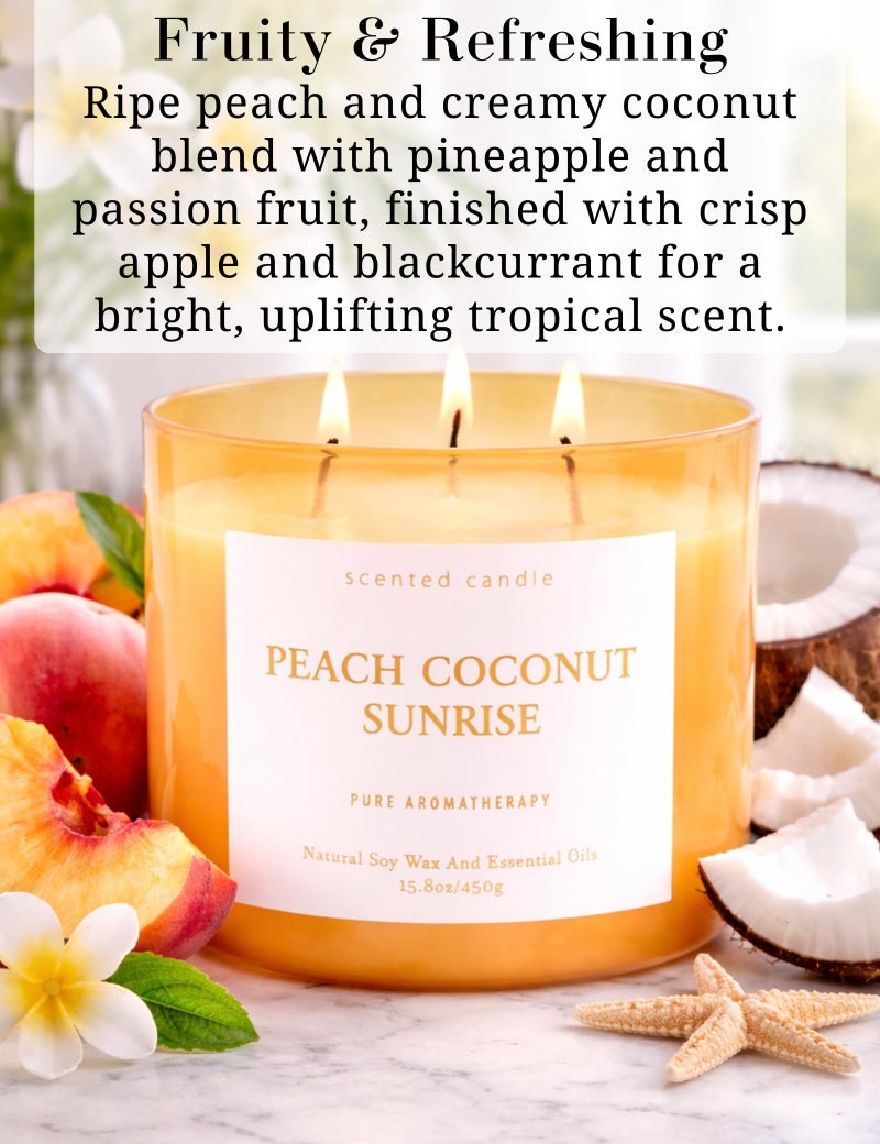 T&H Peach Coconut Sunrise 3 Wick Candle for Home Scented | 15.8 oz Large Soy Candle | Tropical Peach Coconut Candles Strong Scent Long Lasting | Aromatherapy Relaxation Candle | Gift for Women & Men - Image 2