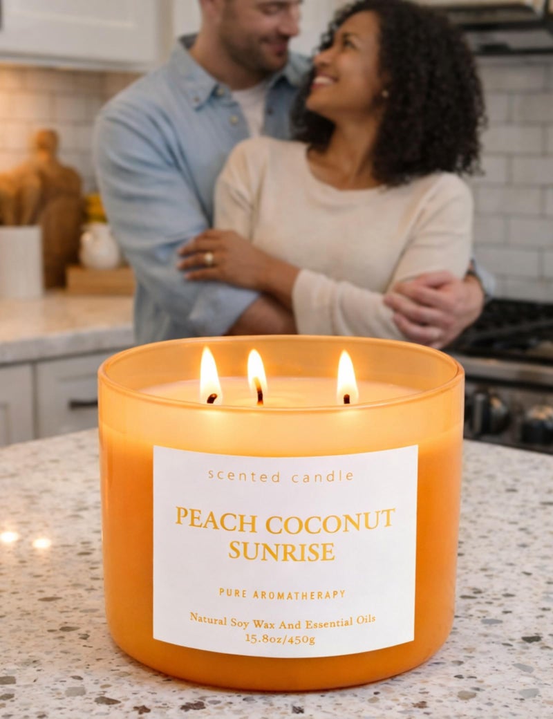 T&H Peach Coconut Sunrise 3 Wick Candle for Home Scented | 15.8 oz Large Soy Candle | Tropical Peach Coconut Candles Strong Scent Long Lasting | Aromatherapy Relaxation Candle | Gift for Women & Men - Image 3