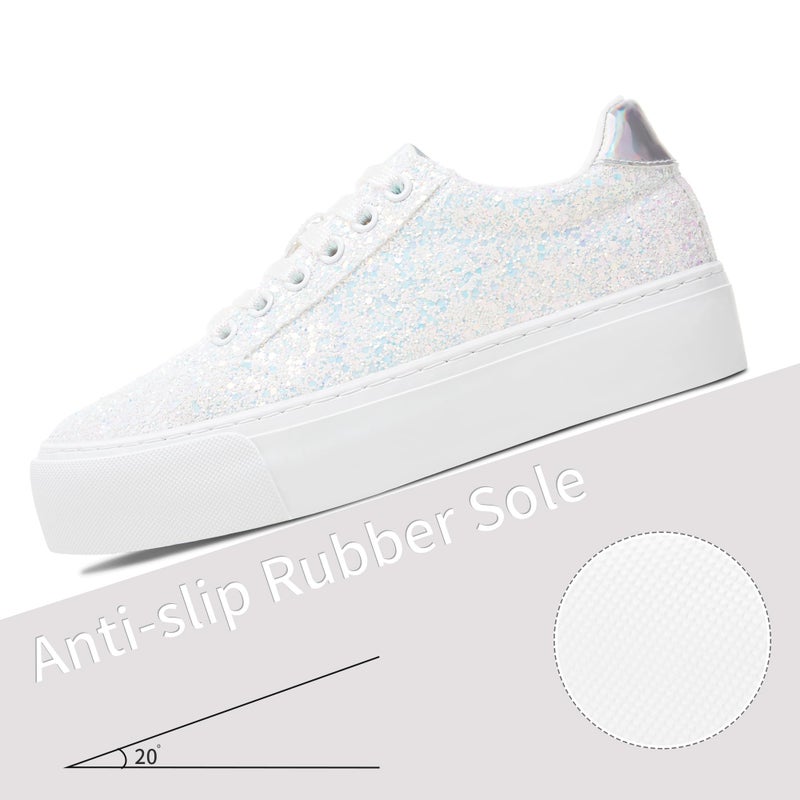 Jeekopeg Glitter Platform Sneakers Women Casual Sequin Sparkly Shoes Bling Thick Sole Walking Shoes Shiny Sequin Wedding Sneakers for Lady(White Glitter,US5) - Image 4