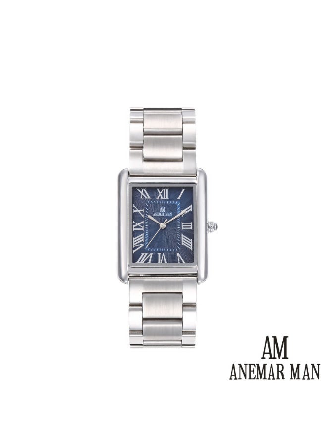 ANEMAR MAN Men's stainless steel wristwatch, Cartier style, water-resistant and high quality, silver strap with a blue dial