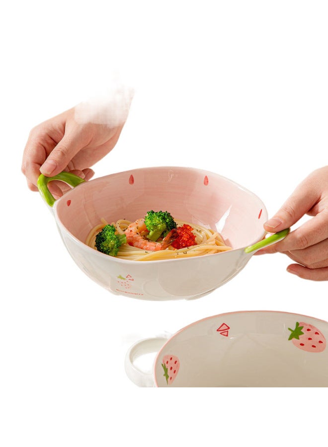 Cute Ceramic Baking Bowl With Handle Household Oven Special Nasty Bowl Salad Bowl Dessert Tableware Baking Pan-Specifications:【strawberry】-Capacity:9inch Asymmetrical Bowl - Image 5