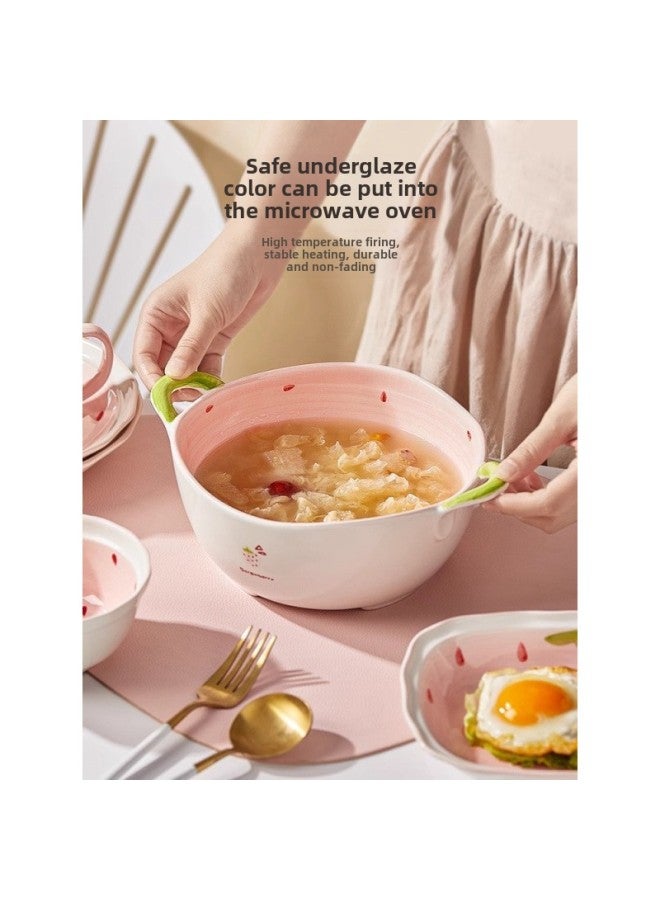Cute Ceramic Baking Bowl With Handle Household Oven Special Nasty Bowl Salad Bowl Dessert Tableware Baking Pan-Specifications:【strawberry】-Capacity:9inch Asymmetrical Bowl - Image 2