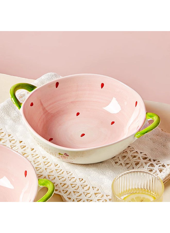 Cute Ceramic Baking Bowl With Handle Household Oven Special Nasty Bowl Salad Bowl Dessert Tableware Baking Pan-Specifications:【strawberry】-Capacity:9inch Asymmetrical Bowl - Image 1