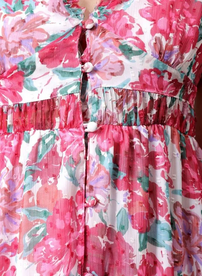 Freehand  Women Fit and Flared Ditsy Printed V-Neck Long Sleeve Ruffle Dress for Women | Best Price UAE