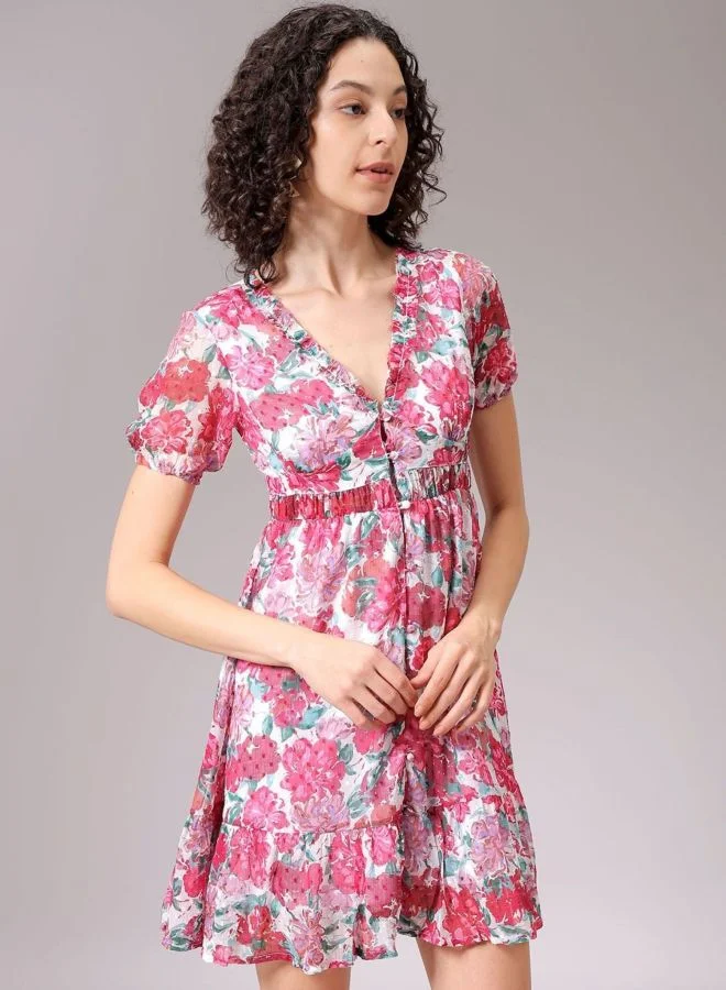 Freehand  Women Fit and Flared Ditsy Printed V-Neck Long Sleeve Ruffle Dress for Women | Best Price UAE