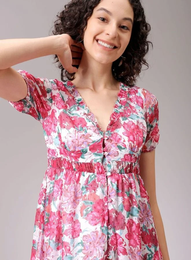 Freehand  Women Fit and Flared Ditsy Printed V-Neck Long Sleeve Ruffle Dress for Women | Best Price UAE