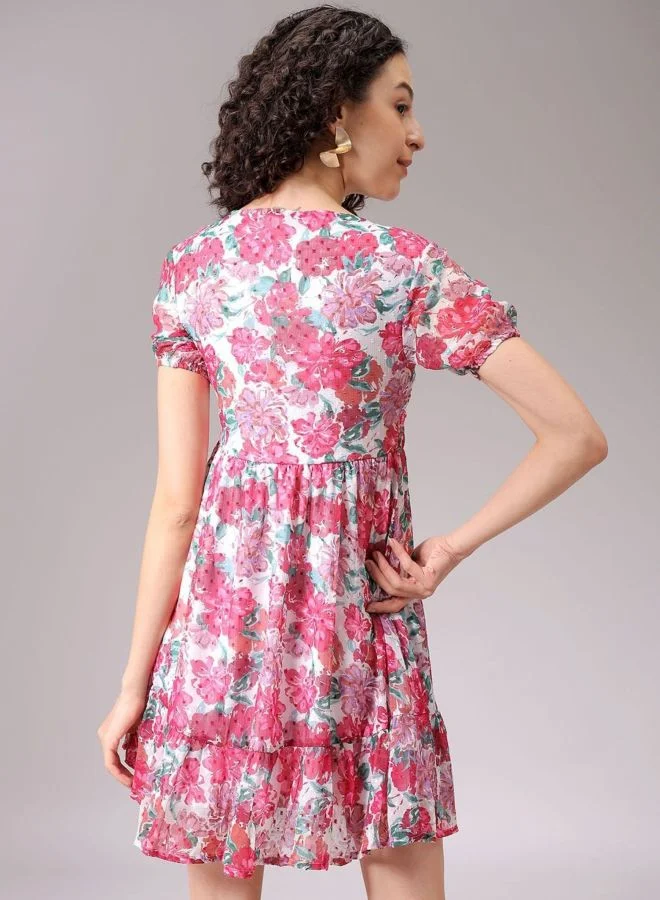 Freehand  Women Fit and Flared Ditsy Printed V-Neck Long Sleeve Ruffle Dress for Women | Best Price UAE