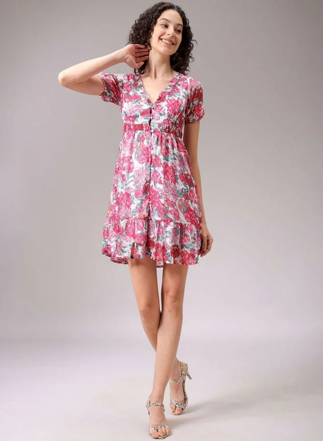 Freehand  Women Fit and Flared Ditsy Printed V-Neck Long Sleeve Ruffle Dress for Women | Best Price UAE