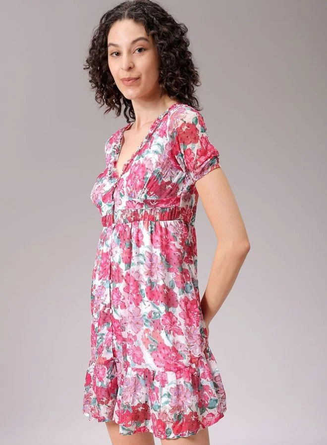 Freehand  Women Fit and Flared Ditsy Printed V-Neck Long Sleeve Ruffle Dress for Women | Best Price UAE