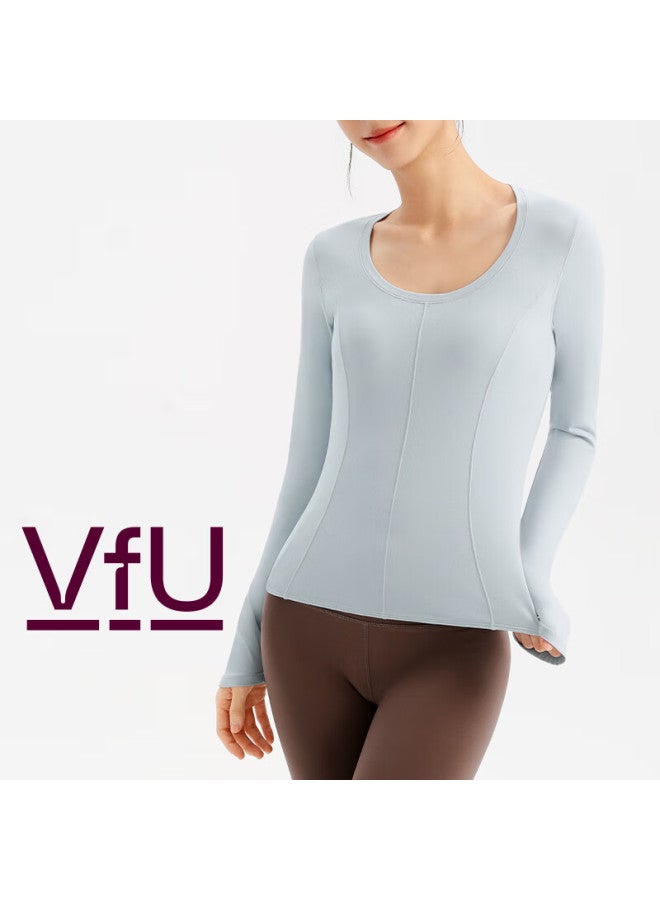 Vfu Women's Long Sleeve Yoga Top Quick-dry Sports Shirt Fitness T-shirt Slim Fit Base Layer Autumn Winter Sea Salt Blue XL - Image 4