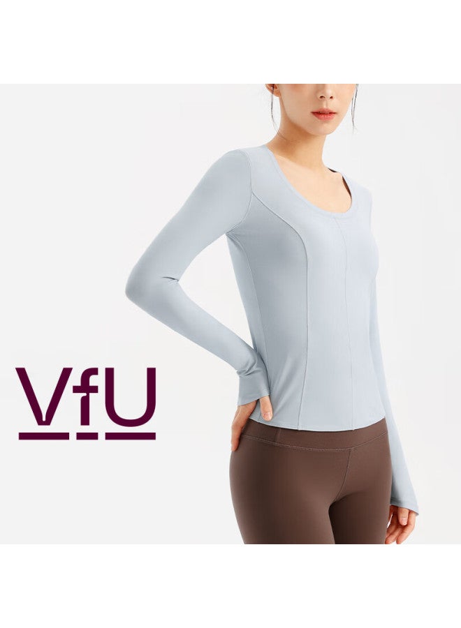 Vfu Women's Long Sleeve Yoga Top Quick-dry Sports Shirt Fitness T-shirt Slim Fit Base Layer Autumn Winter Sea Salt Blue XL - Image 3