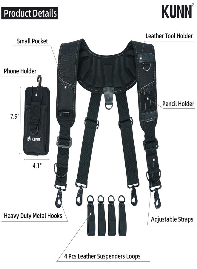 KUNN Leather Tool Belt Suspenders,Hot-Pressing Padder Work Suspenders,Fully-Adjustable Tool Bag Suspender with Phone Holder for Construction,Carpenter,Black - Image 2