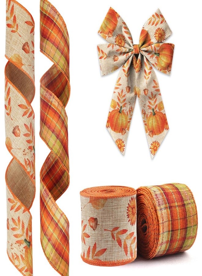 Hying 2 Rolls Fall Ribbons for Wreath Bows Wrapping Gifts, Orange Plaid Pumpkin Autumn Ribbon for Gift Wrapping Thanksgiving Party Decoration DIY Crafts 2.5" X 10 Yards Fall Wired Edge Ribbon - Image 1