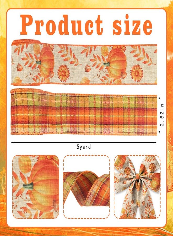 Hying 2 Rolls Fall Ribbons for Wreath Bows Wrapping Gifts, Orange Plaid Pumpkin Autumn Ribbon for Gift Wrapping Thanksgiving Party Decoration DIY Crafts 2.5" X 10 Yards Fall Wired Edge Ribbon - Image 2