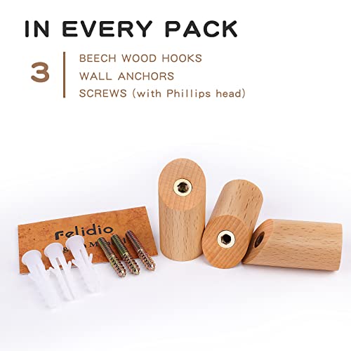 Felidio Wood Wall Hooks, 3 Pack Rustic Coat Hook Wall-Mounted, Decorative Hooks for Hanging Coats Hats Towels Robes Hat Rack for Wall (Beech Wood) - Image 5