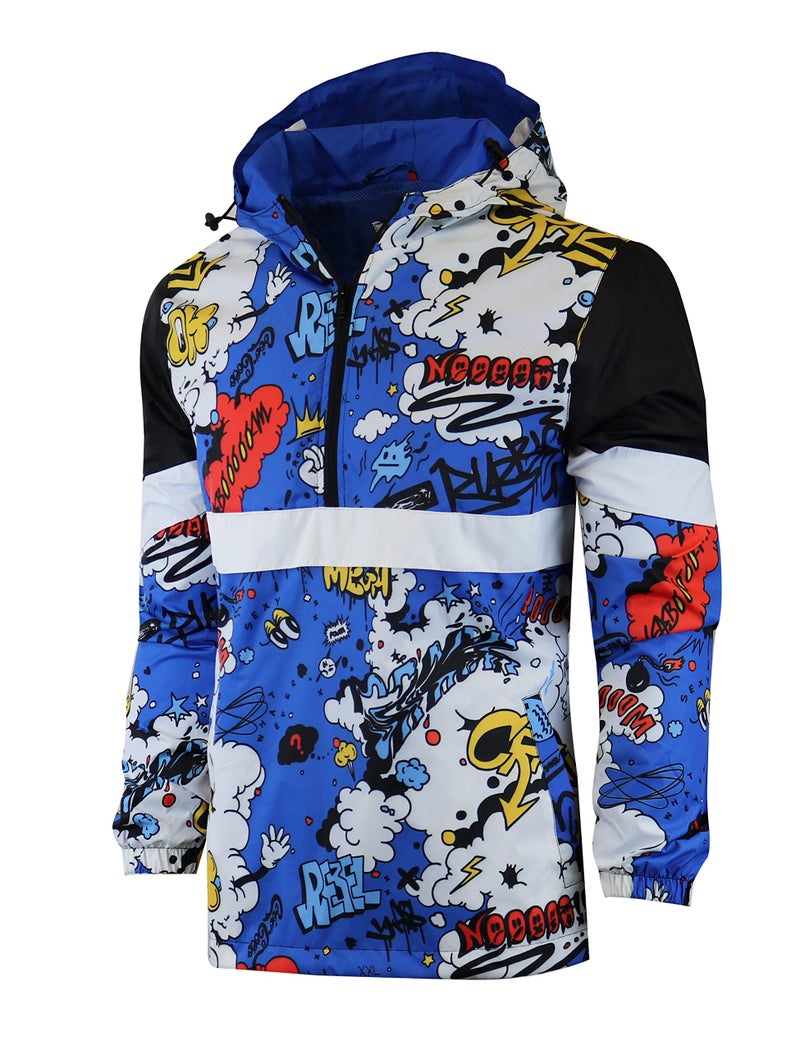 SCREENSHOTS51051 HipHop Hooded Water Resistant Windbreaker Outdoor Lightweight Urban Graffiti Cartoon Pattern Pullover JacketRoyalMedium