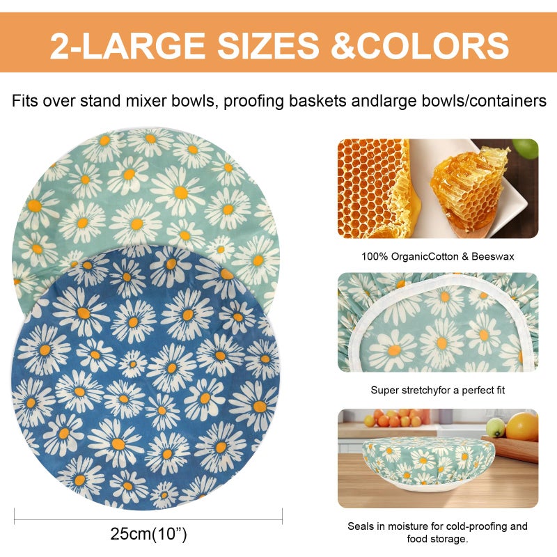 BERBAM Reusable Bowl Covers for Bread Proofingï¼ˆ2 Largeï¼‰- Cotton Beeswax Bowl Covers Reusable with Elastic Rim, Sourdough Bowl Cover for Food Storage and Food Preservation (10INCH) (daisy) - Image 2