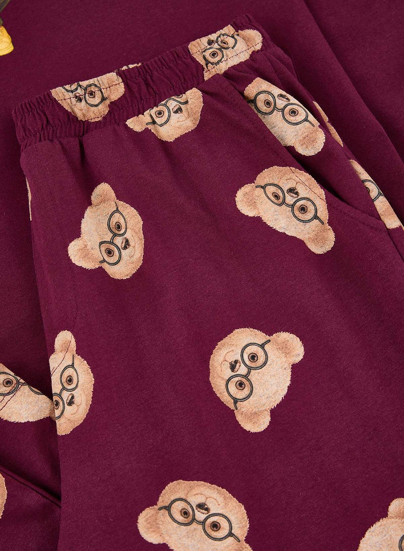 trendyol Burgundy Regular 100% Cotton Teddy Bear Pattern Knitted Pajama Set Tmnaw26Pt00007 - Image 2