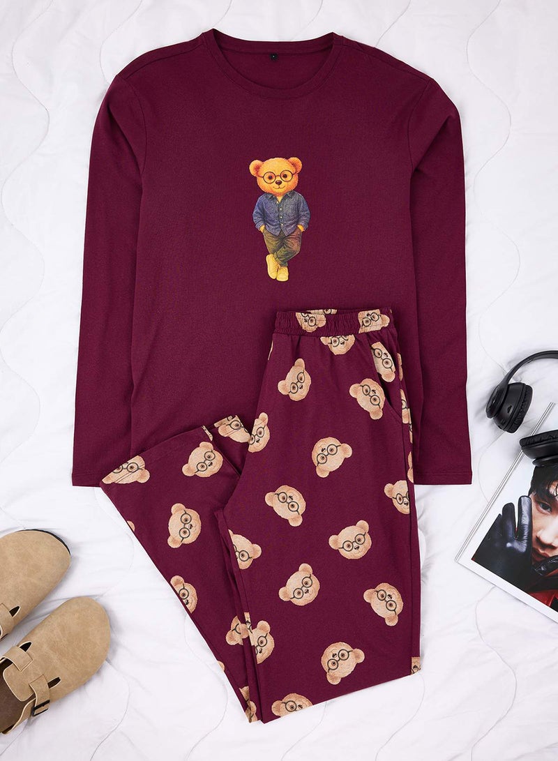 trendyol Burgundy Regular 100% Cotton Teddy Bear Pattern Knitted Pajama Set Tmnaw26Pt00007 - Image 1