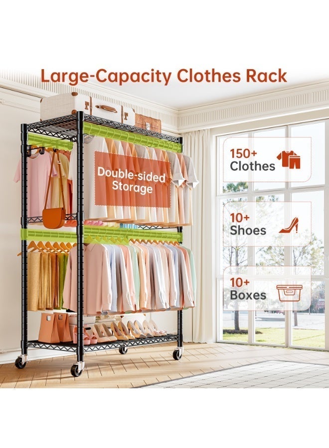 أوبتيا رفوف الملابس، رفوف الملابس شديدة التحمل، رفوف الملابس المتحركة، رفوف المعاطف، خزانة ملابس قائمة بذاتها على عجلات، خزانة ملابس قابلة للتعديل مع 4 قضبان تعليق، لون أسود - Image 4