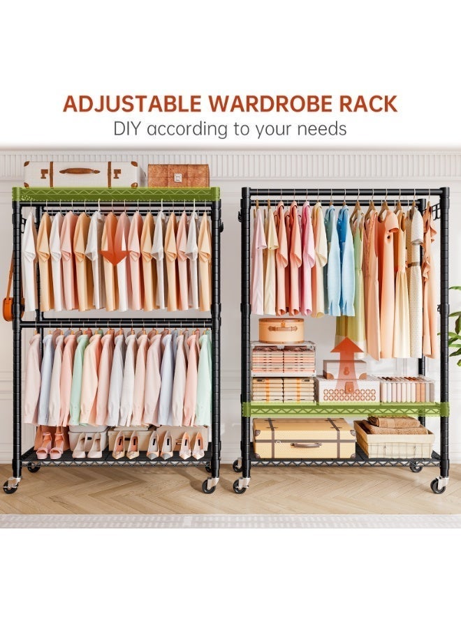 أوبتيا رفوف الملابس، رفوف الملابس شديدة التحمل، رفوف الملابس المتحركة، رفوف المعاطف، خزانة ملابس قائمة بذاتها على عجلات، خزانة ملابس قابلة للتعديل مع 4 قضبان تعليق، لون أسود - Image 5