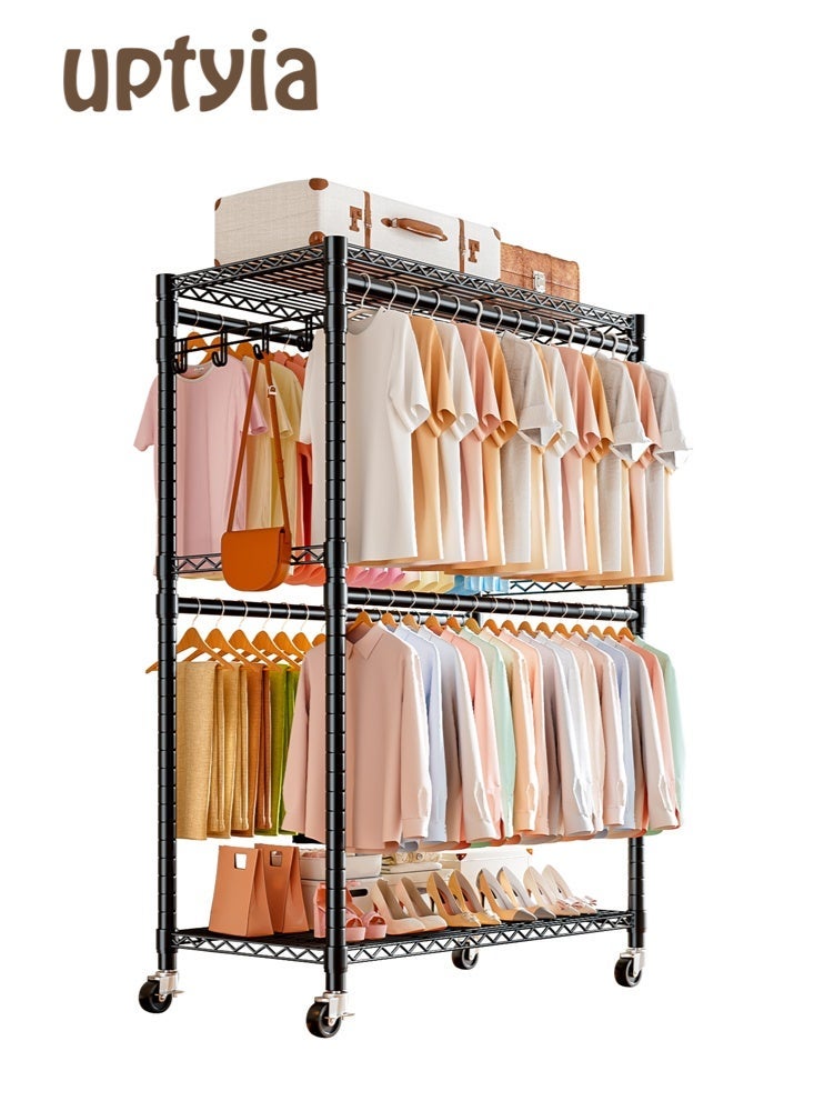 أوبتيا رفوف الملابس، رفوف الملابس شديدة التحمل، رفوف الملابس المتحركة، رفوف المعاطف، خزانة ملابس قائمة بذاتها على عجلات، خزانة ملابس قابلة للتعديل مع 4 قضبان تعليق، لون أسود - Image 1