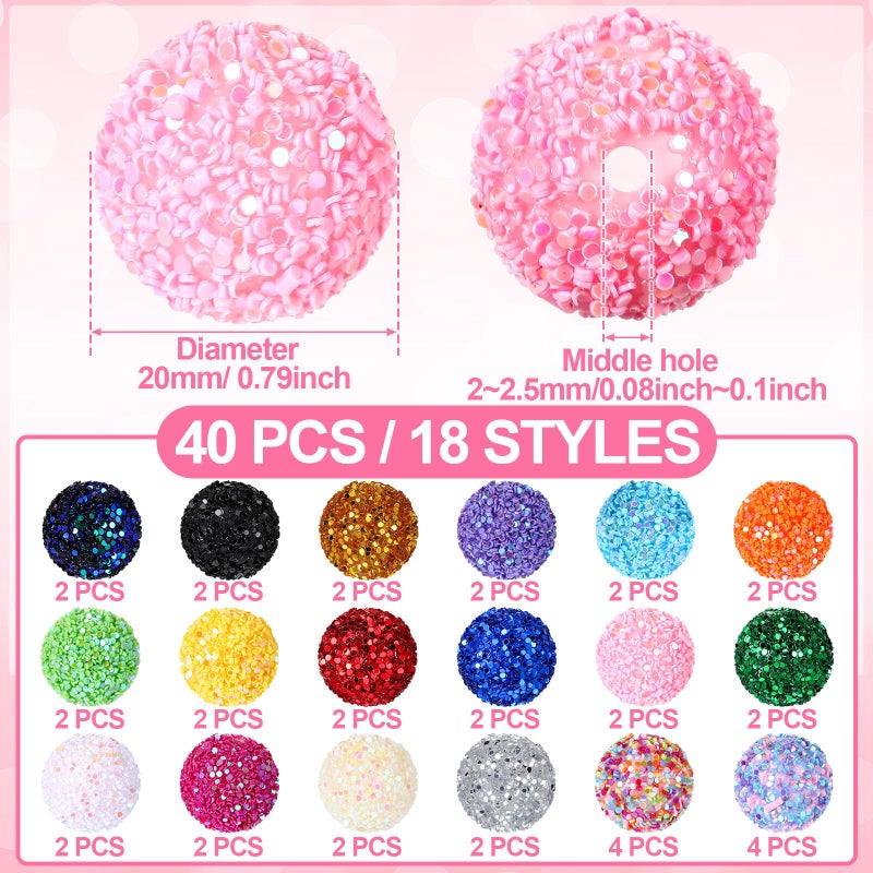 Loetere 40 Pcs 20 mm Rhinestone Beads Bulk Crystal Round Disco Ball Chunky Bubblegum Beads for Pens Bracelets Charms Craft European Style Jewelry Making Supplies Christmas (Glitter) - Image 2