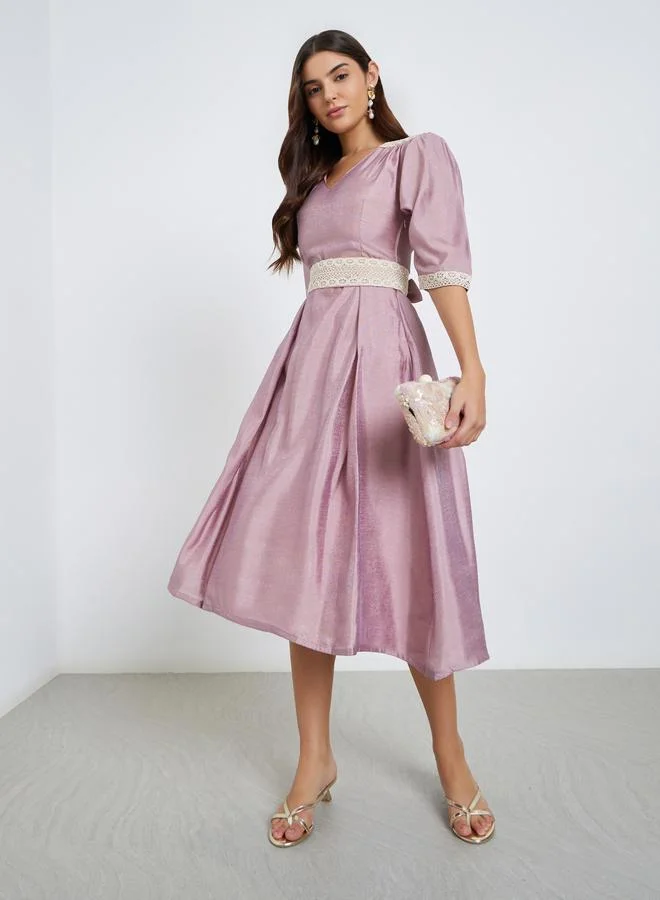 مكسيم كريشن Maxim Creation Pink Lace Insert Flared Midi Dress