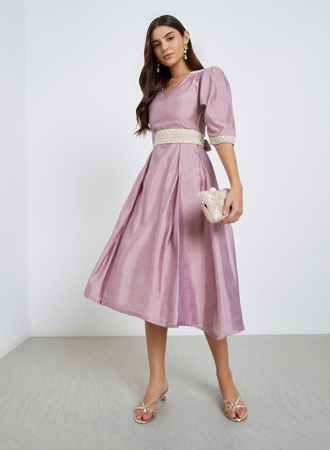 Maxim Creation Pink Lace Insert Flared Midi Dress - Image 2