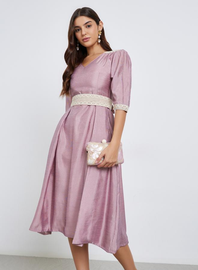 Maxim Creation Pink Lace Insert Flared Midi Dress - Image 3