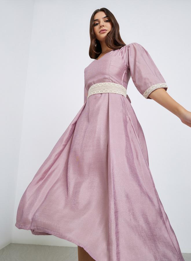 Maxim Creation Pink Lace Insert Flared Midi Dress - Image 1