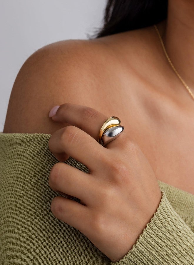 PAVOI 14K Gold Plated Mixed Metal Chunky Two Tone Wavy Dome Rings Pack for Women | Statement Rings Set | Size 7 - Image 2