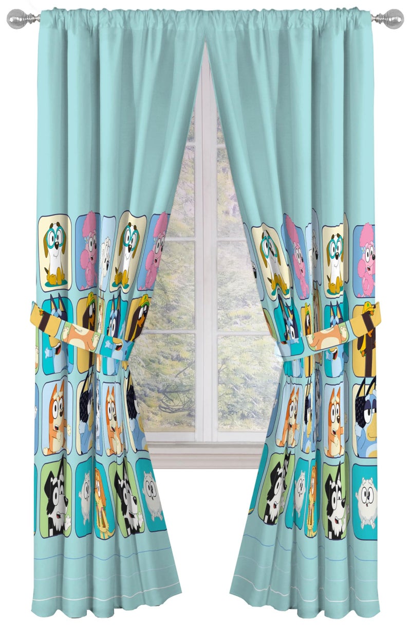 Sunny Side Up Window Curtains for Kids Bedroom 4-Piece Drape Set with 2 Tiebacks, Teal - Bluey, 42" W x 84" L (Pack of 2) - Image 1
