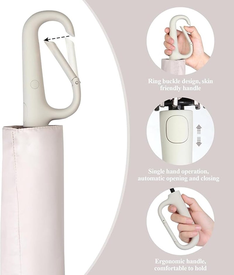 Zemic UV Umbrella with Novelty Carabiner Handle, Travel Umbrellas for Rain and Sun Protection, Windproof Compact, Automatic Open/Close, 8 Ribs, Portable Umbrella for Men and Women (Beige) - Image 2
