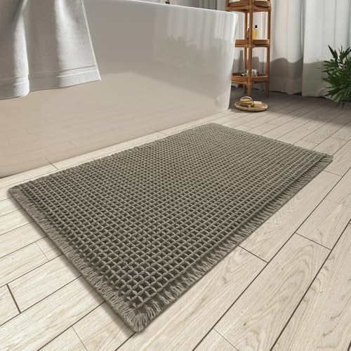 AMOAMI Upgraded Waffle Bath Mat, Super Absorbent Non Slip Bath Mats for Bathroom Floor, Machine Washable Bathroom Rugs with Tassels, Rubber Backed Bathroom Mats, Ultra Soft, 18" x 30", Green - Image 1