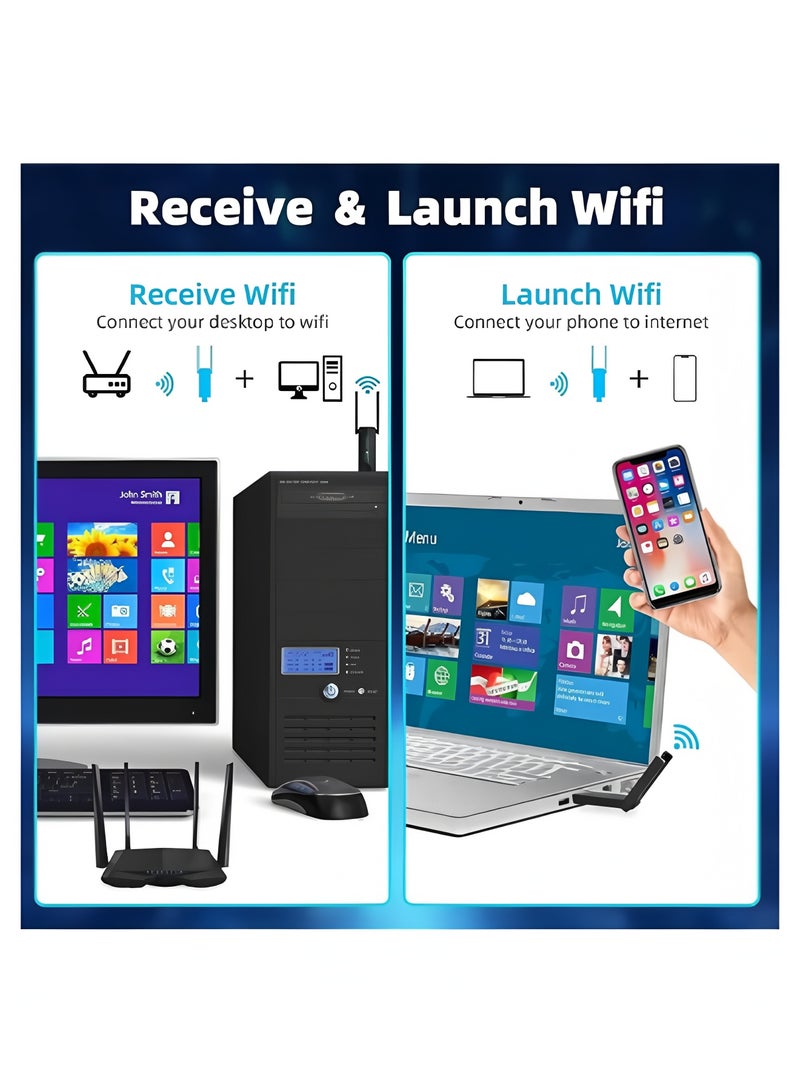 فليفيو محول واي فاي لاسلكي USB، جهاز استقبال خارجي للشبكة اللاسلكية ثنائي النطاق 5.8/2.4 جيجاهرتز بسرعة 1300 ميجابت في الثانية لأجهزة الكمبيوتر المكتبية والمحمولة واللوحية، يدعم أنظمة التشغيل ويندوز 11/10/8/7/فيستا/إكس بي - Image 5