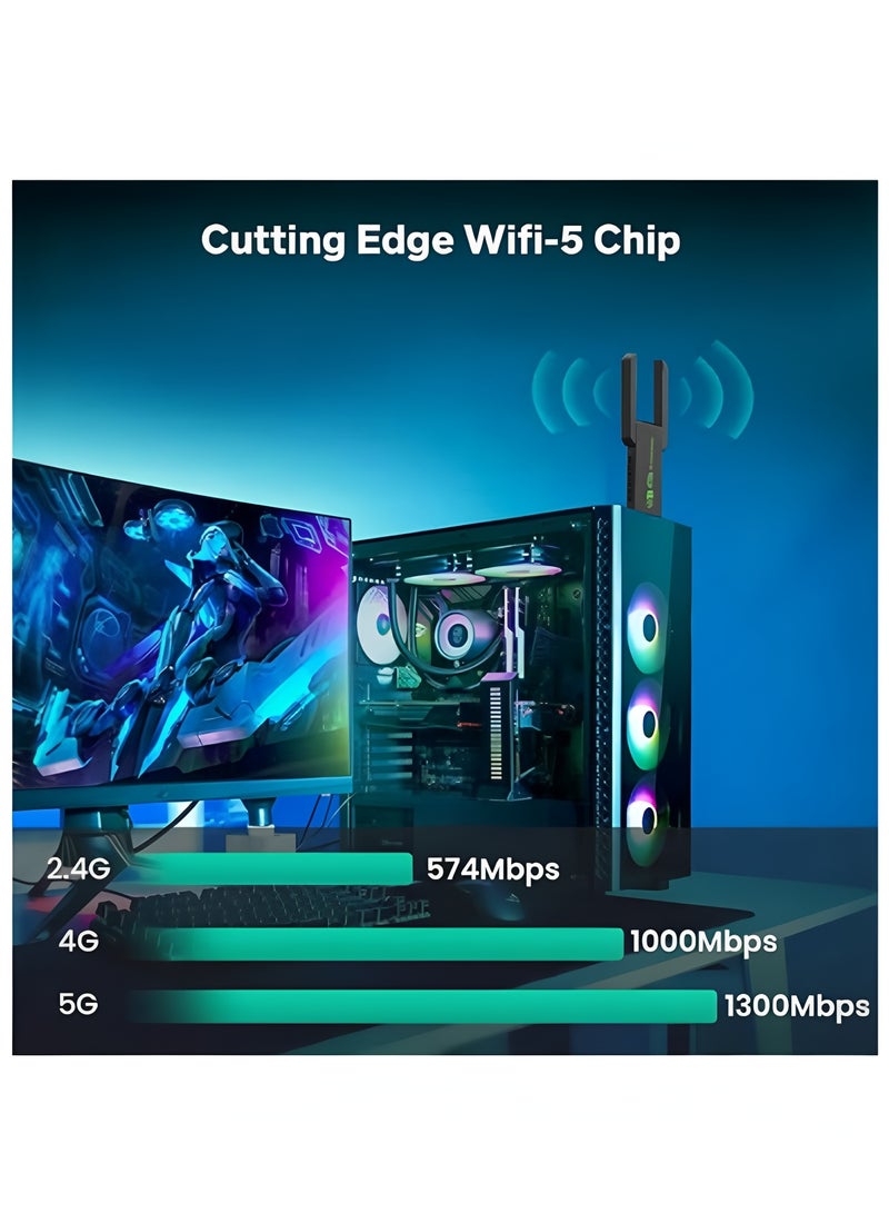 فليفيو محول واي فاي لاسلكي USB، جهاز استقبال خارجي للشبكة اللاسلكية ثنائي النطاق 5.8/2.4 جيجاهرتز بسرعة 1300 ميجابت في الثانية لأجهزة الكمبيوتر المكتبية والمحمولة واللوحية، يدعم أنظمة التشغيل ويندوز 11/10/8/7/فيستا/إكس بي - Image 2