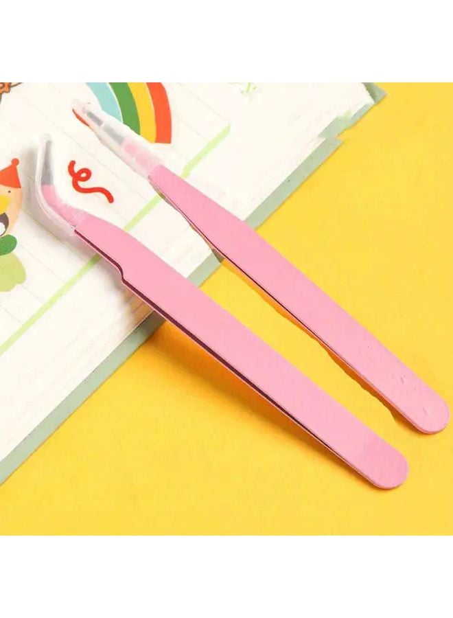 Pink Straight And Curved Head Stainless Steel Precision Tweezers 2pcs Set - Image 1