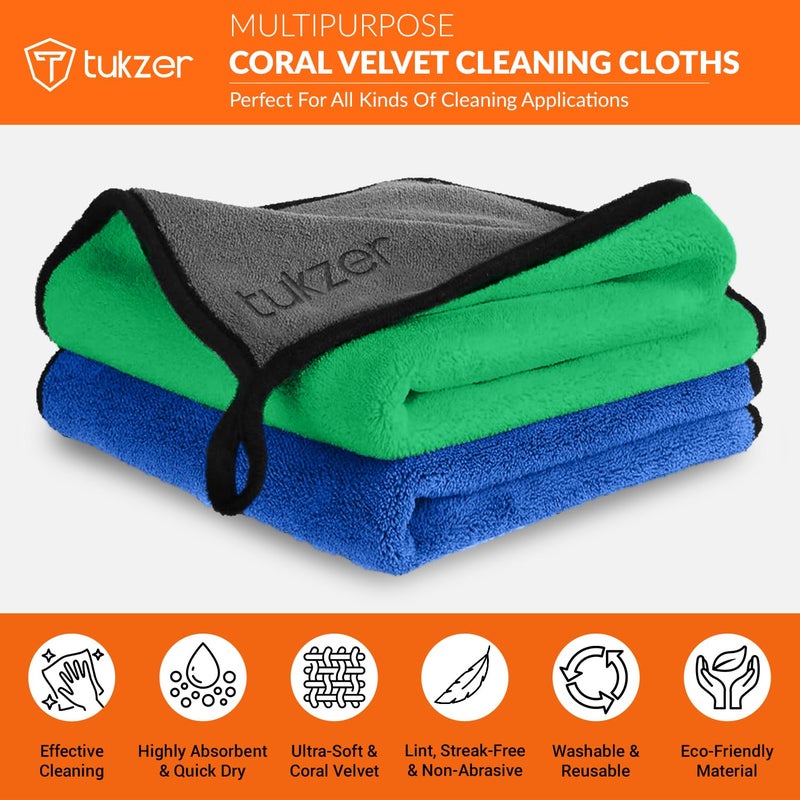 Tukzer Multi-Purpose Coral Velvet Microfiber Cloths for Car Bike| Ultra-Soft Super Absorbent Lint-Free for Exterior Interior Dashboard Cleaning Washing Polishing (500 GSM Blue-Green| 2 Pcs 35 X 75 cm) - Image 2