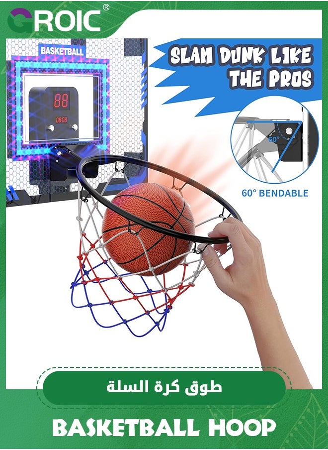 GROIC Mini Basketball Hoop with LED Light Electronic Scoreboard, 20*40cm - Small Basketball Hoop with 1 Ball, Door/Wall Mounted Basketball Hoops Indoor Outdoor for Kids (Game Mode + Counter)  - Image 4