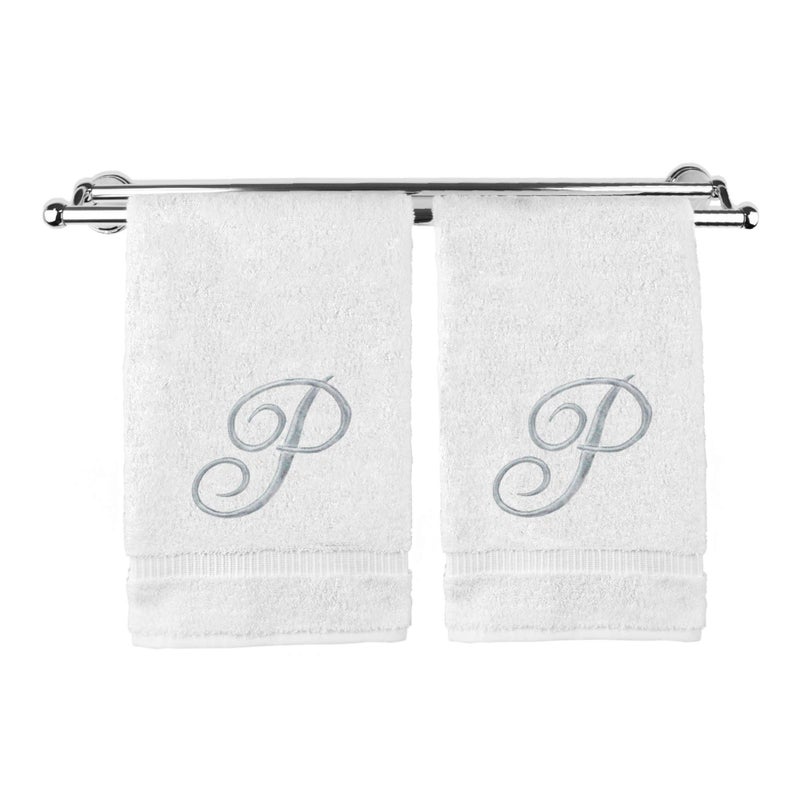 Monogrammed Hand Towel Personalized Gift 16 x 30 Inches  Set of 2  Silver Embroidered Towel  Extra Absorbent 100 Turkish Cotton Soft Terry Finish  For Bathroom Kitchen and Spa Script P White
