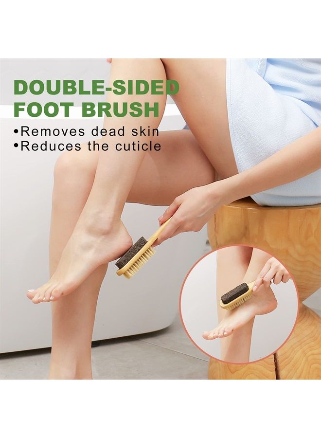 Dry Brushing Body Brush, 4 Pack Exfoliating Dry Brush, Long Handle Shower Brush, Face Brush, Feet Brush, Natural Boar Bristles & Massage Nodules Brush for Lymphatic Drainage, Cellulite